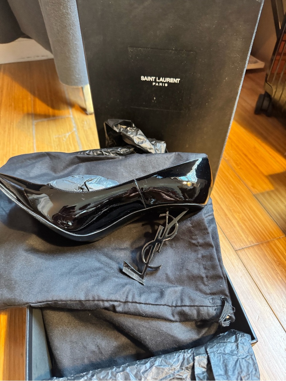 Saint Laurent Black Patent Leather Opyum Heels with YSL Logo